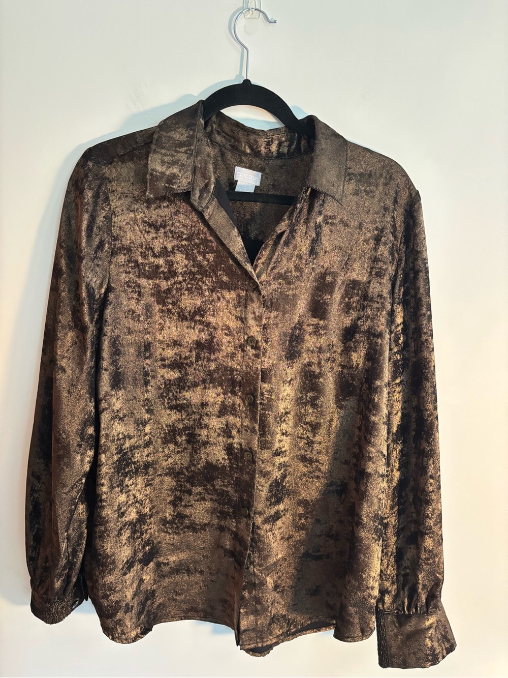 Chicos Shimmering Brown Button-Up Long-sleeve Blouse